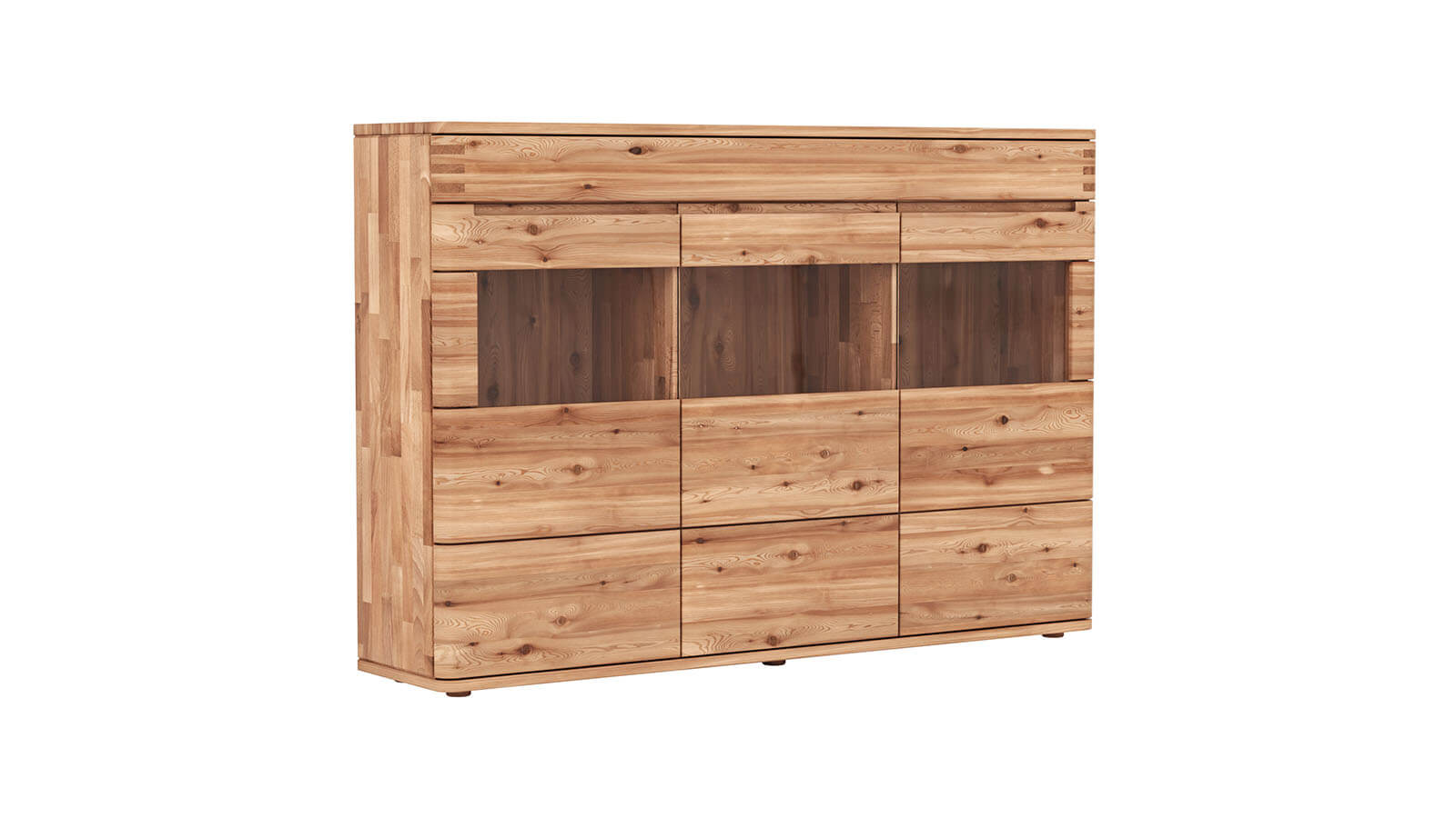 Massivholz-Highboard aus natur geölter Astbuche mit gerundeten Fronten und großzügigem Stauraum