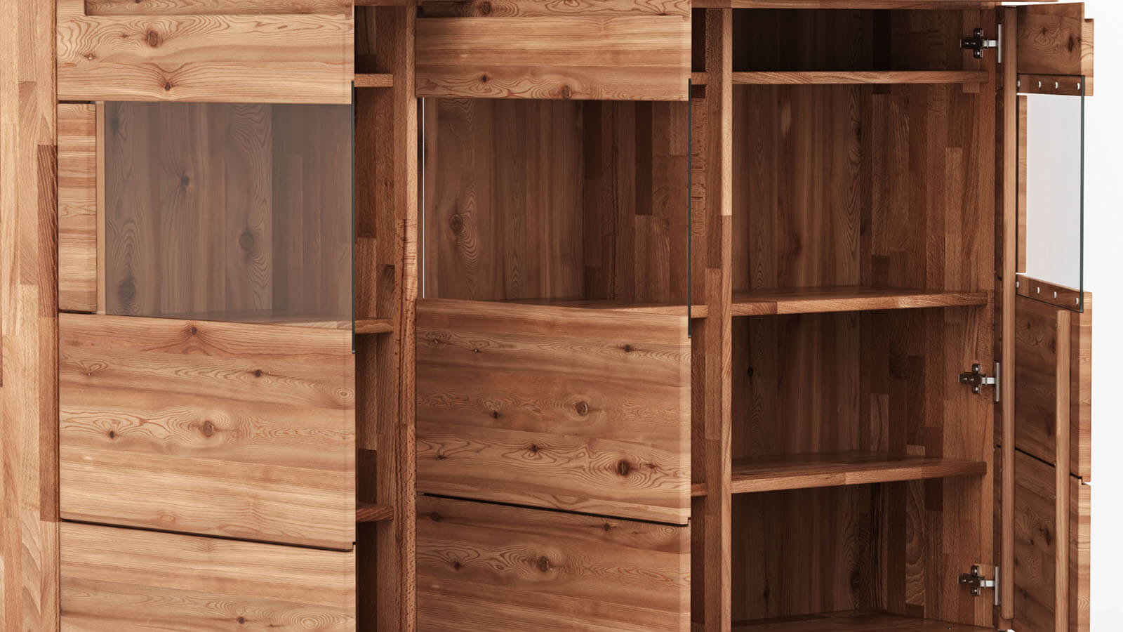 Massivholz-Highboard aus natur geölter Astbuche mit gerundeten Fronten und großzügigem Stauraum