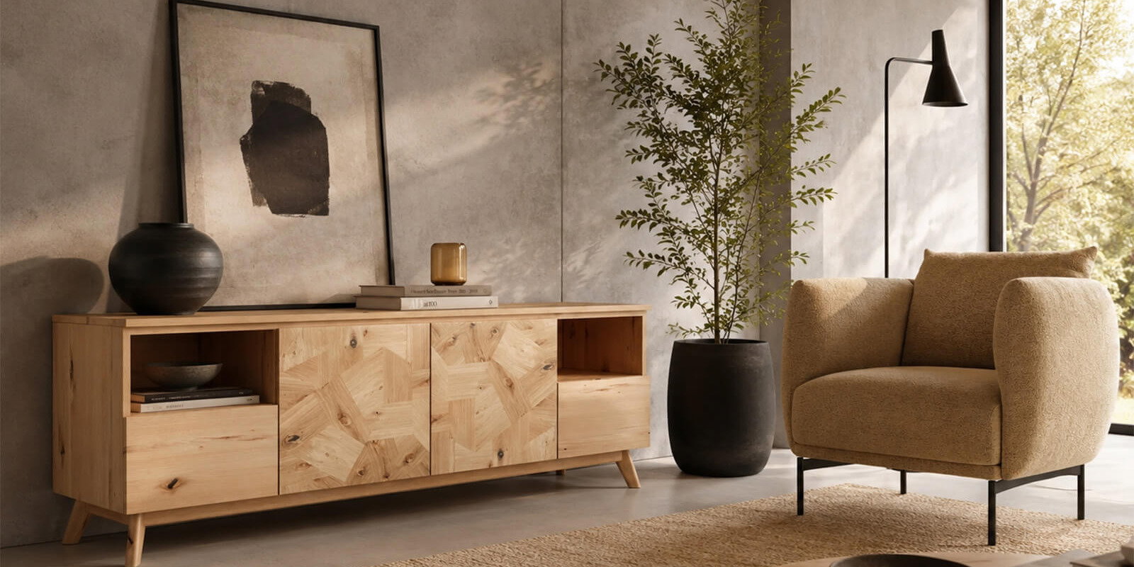 Modernes Lowboard von Jakobsen Copenhagen aus hochwertigem Holz in einem stilvoll eingerichteten Wohnzimmer. Das elegante Möbelstück bildet den Mittelpunkt der skandinavischen Wohnlandschaft und wird harmonisch von einem Design-Sessel, dezenter Dekoration und natürlichem Tageslicht ergänzt.