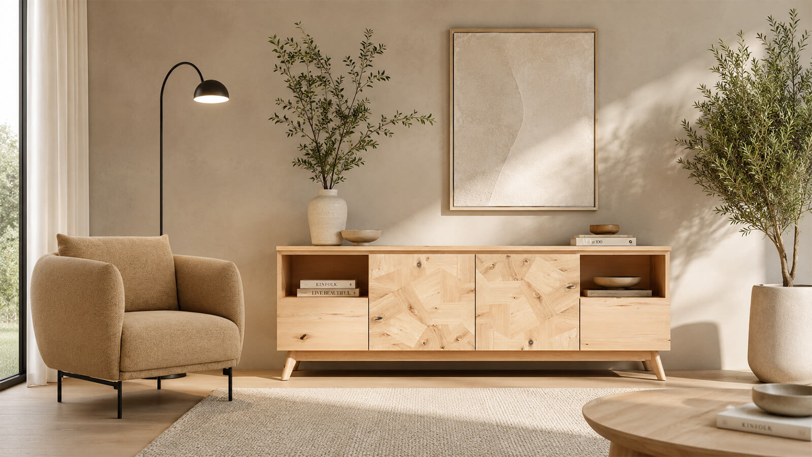Modernes Lowboard von Jakobsen Copenhagen aus hochwertigem Holz in einem stilvoll eingerichteten Wohnzimmer. Das elegante Möbelstück bildet den Mittelpunkt der skandinavischen Wohnlandschaft und wird harmonisch von einem Design-Sessel, dezenter Dekoration und natürlichem Tageslicht ergänzt.