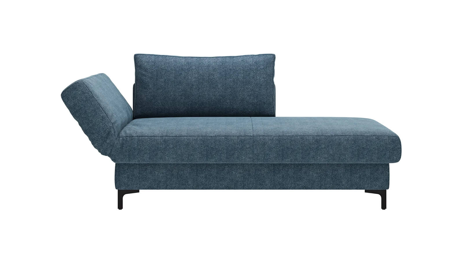 Großzügiges Schlafsofa mit Stoffbezug in verschiedenen Farben, komfortabler Sitzfläche, breiten Armlehnen, zwei Rückenkissen und schwarzen Designfüßen aus Metall