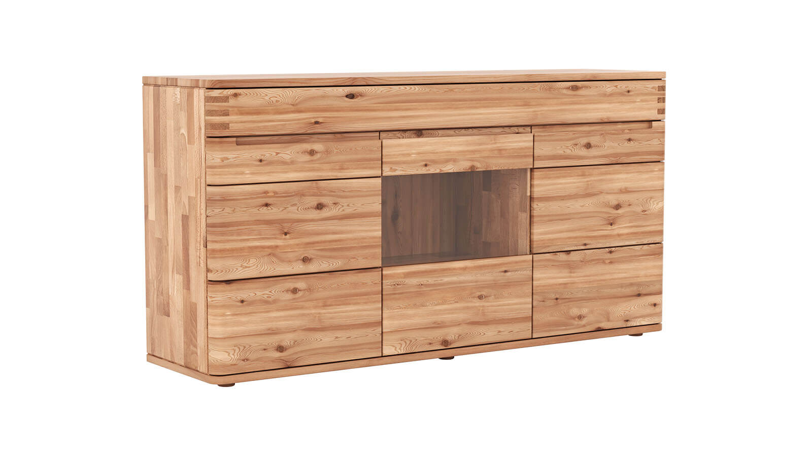 Sideboard aus massiver Astbuche mit natürlicher Holzmaserung, warm geölter Oberfläche, eleganter Holz- und Glastüre sowie praktischem Schubkasten