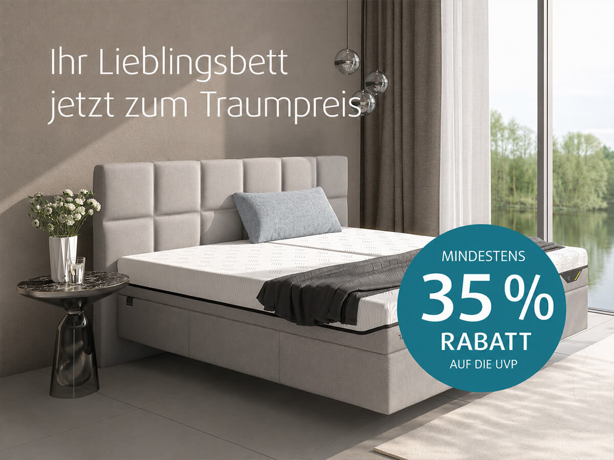 Modernes TEMPUR Polsterbett in einem hellen Schlafzimmer &ndash; mindestens 35 % Rabatt auf die UVP.