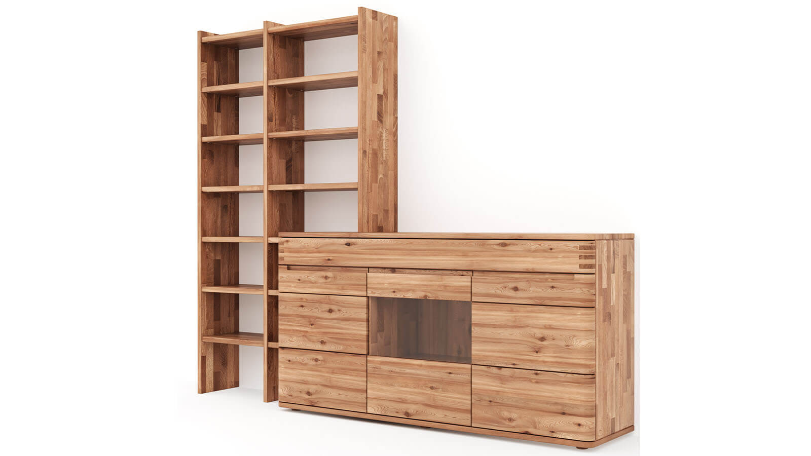 Wohnwand Cartago Soft aus Massivholz mit offenen Regalfächern, Sideboard und natürlicher Holzmaserung