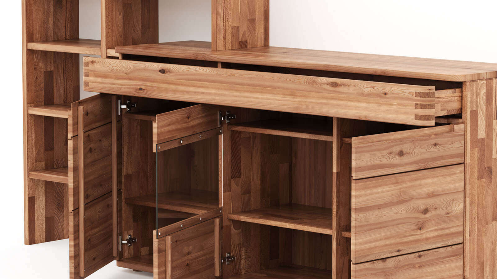 Wohnwand Cartago Soft aus Massivholz mit offenen Regalfächern, Sideboard und natürlicher Holzmaserung
