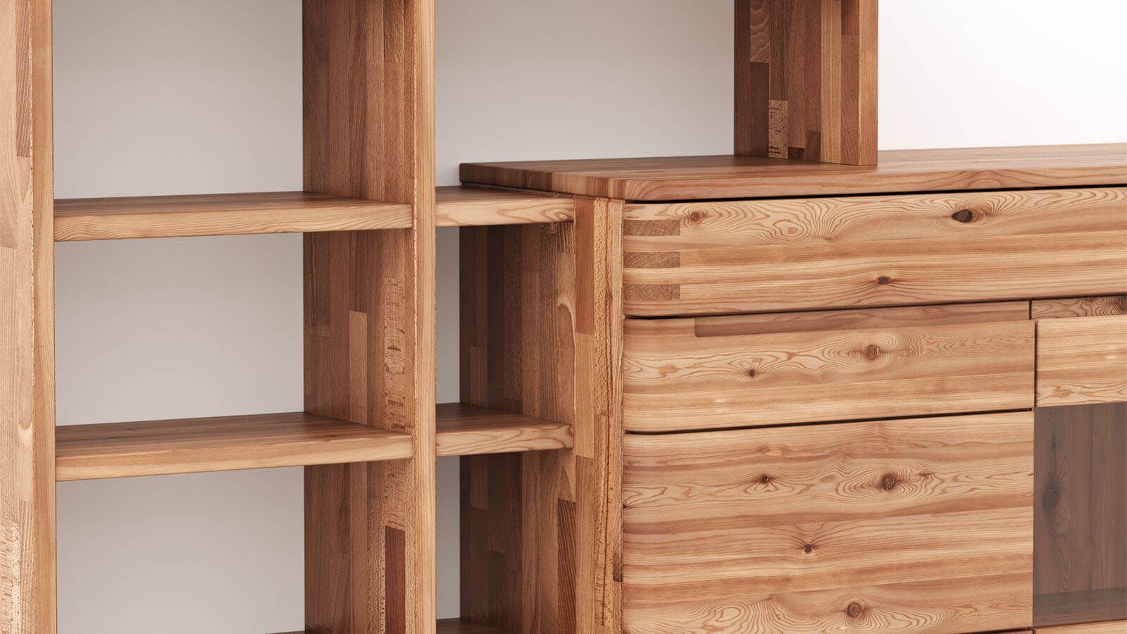 Wohnwand Cartago Soft aus Massivholz mit offenen Regalfächern, Sideboard und natürlicher Holzmaserung