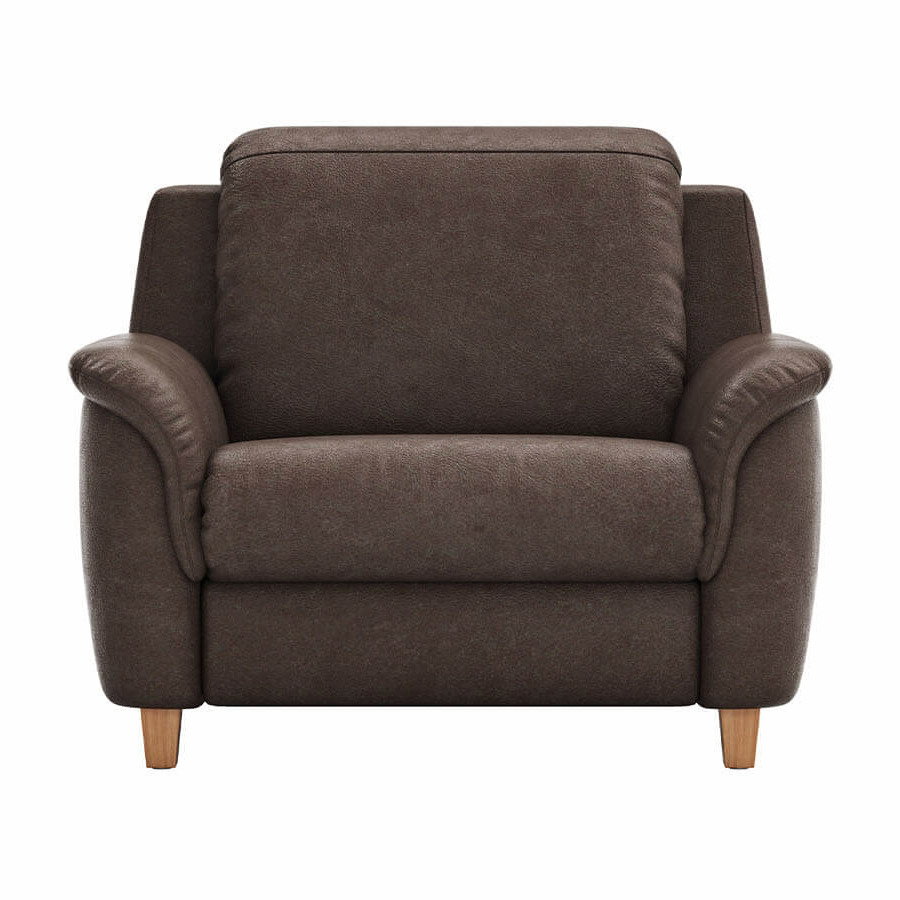 Sessel Cornella Classic in Mocca mit weichem Microfaserbezug, kompakter Einzelsessel mit komfortabler Polsterung und Holzgestell in Eiche-Dekor für das Wohnzimmer