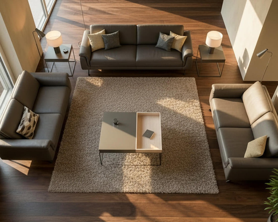 Modernes Wohnzimmer mit der hülsta Purus Sofakombination aus 2- und 3-Sitzer, eleganten Couchtischen, hellem Holzboden und Teppich. Große Fenster sorgen für viel Tageslicht und unterstreichen das zeitlose Design.