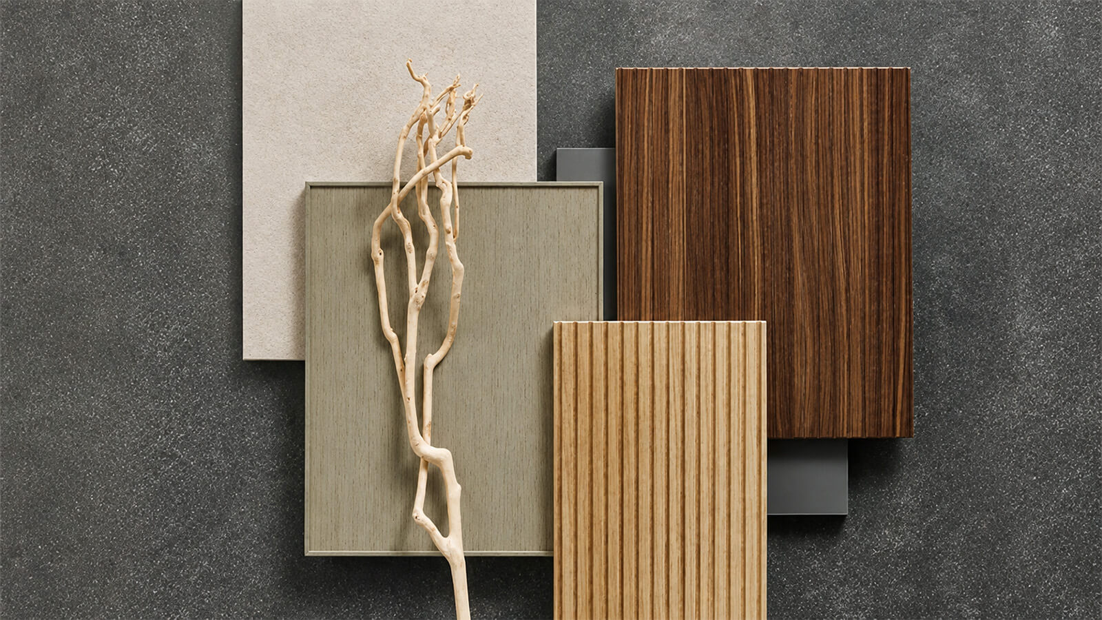 Modernes Moodboard für Interior Design mit edlen Holzmustern und Naturmaterialien