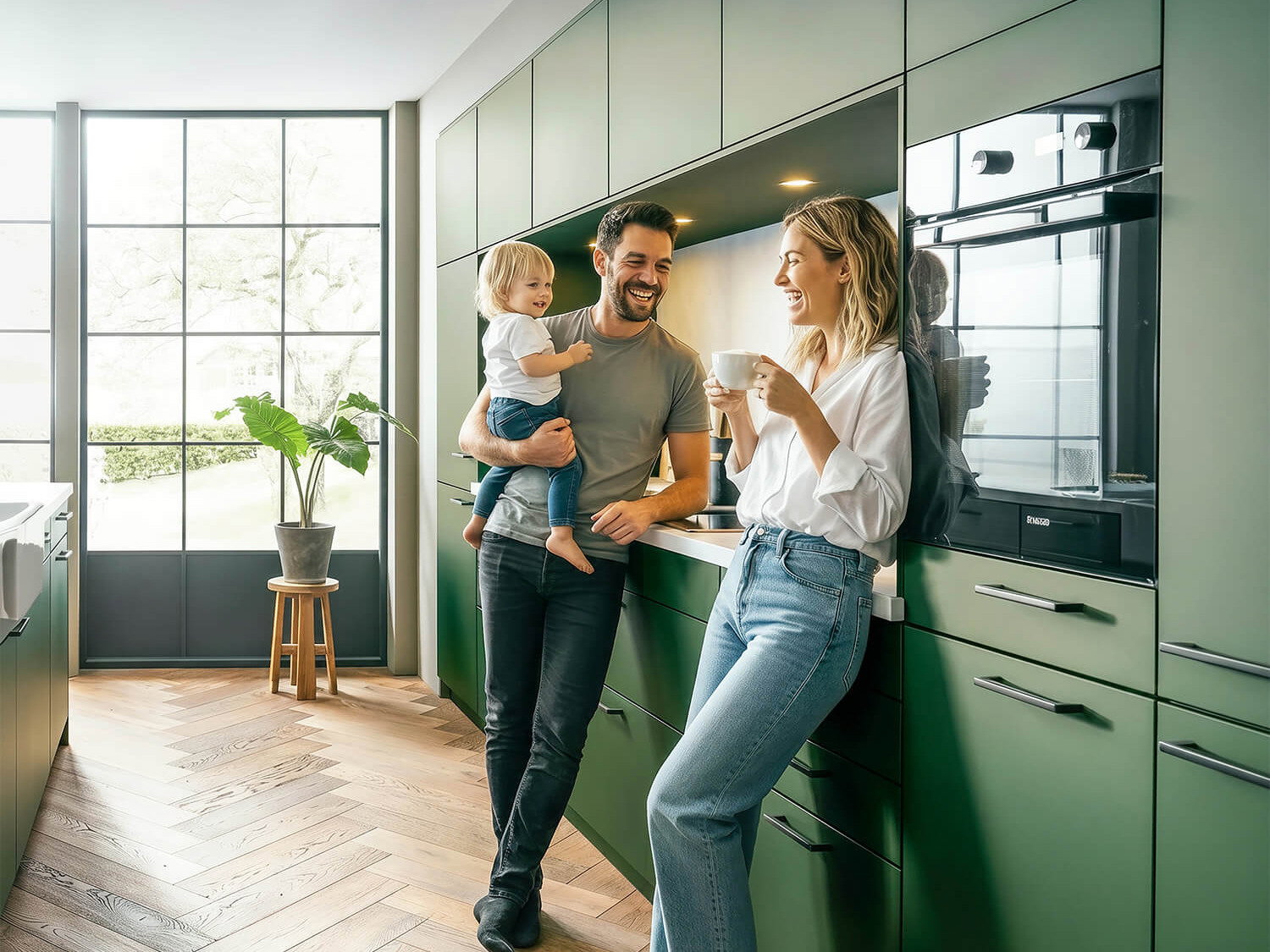 Familie in einer modernen gr&uuml;nen K&uuml;che mit K&uuml;cheninsel