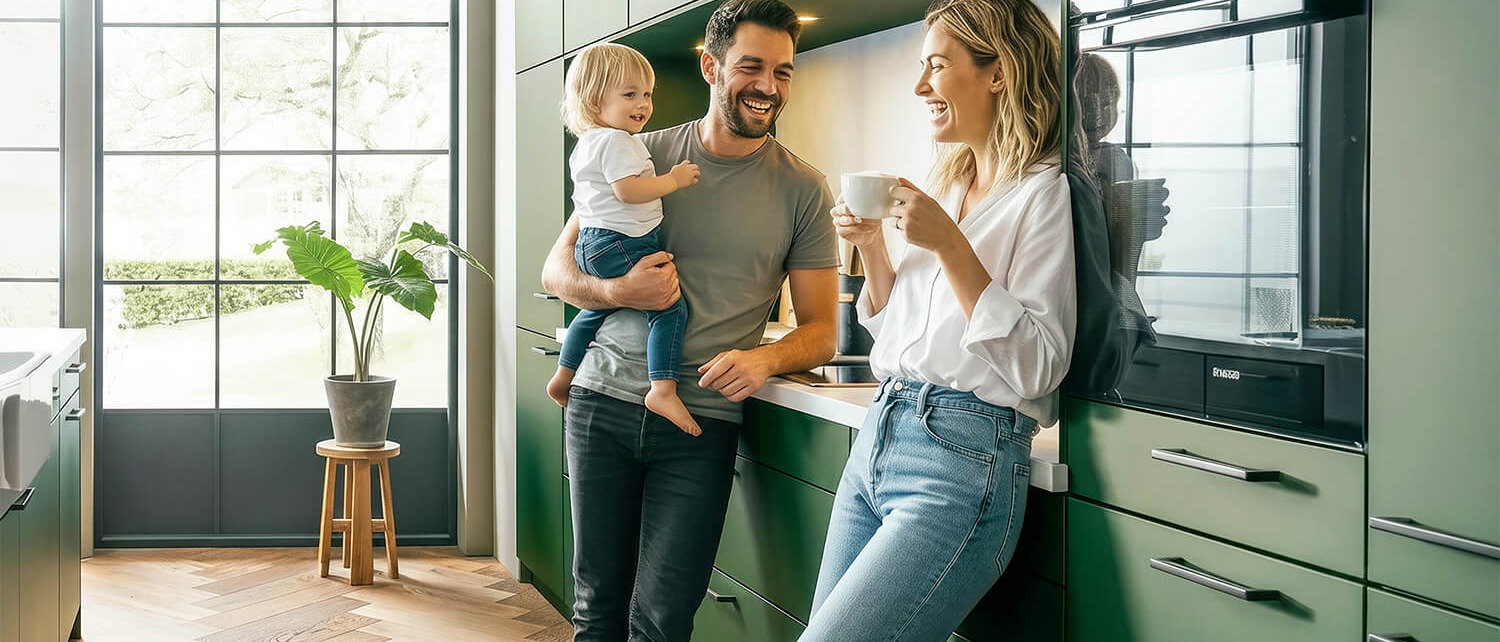 Familie in einer modernen grünen Küche mit Kücheninsel