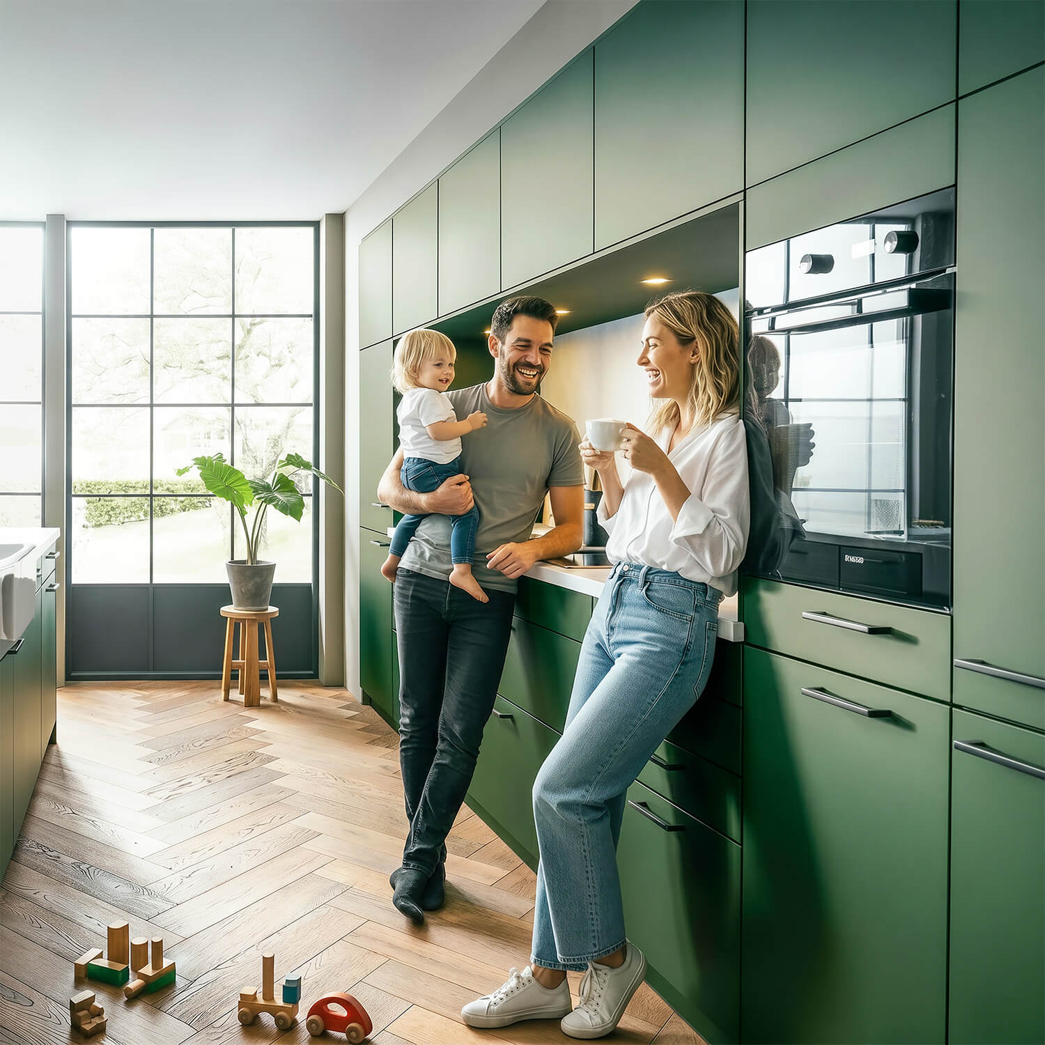 Familie in einer modernen gr&uuml;nen K&uuml;che mit K&uuml;cheninsel